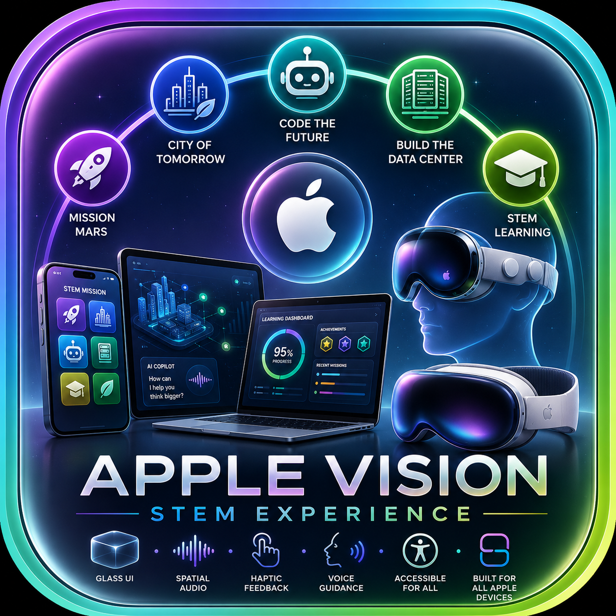 Apple Vision STEM experience artwork showing the Academy across phone, laptop, and spatial devices.