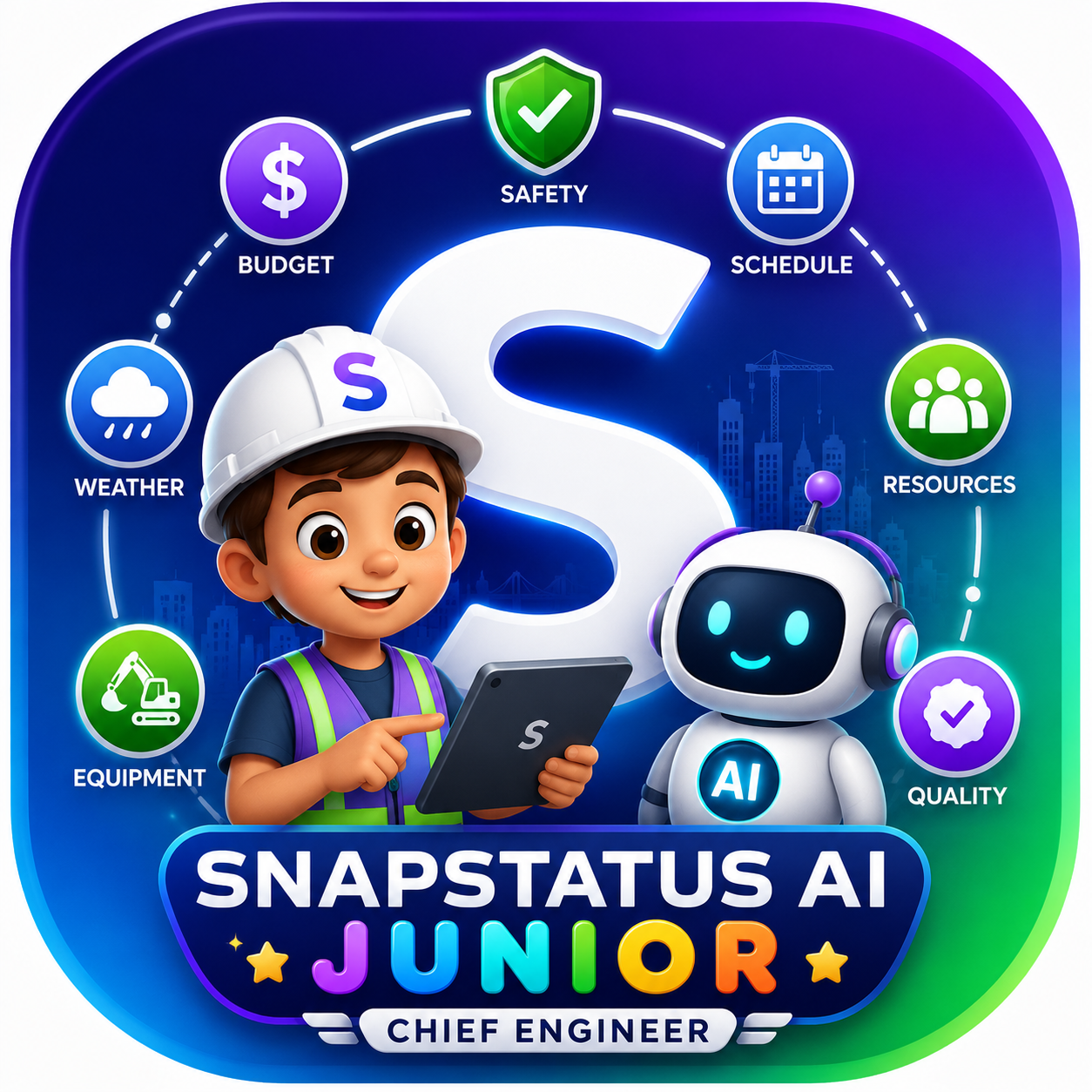SnapStatus AI Junior artwork showing a child engineer with an AI mentor and core operations signals.